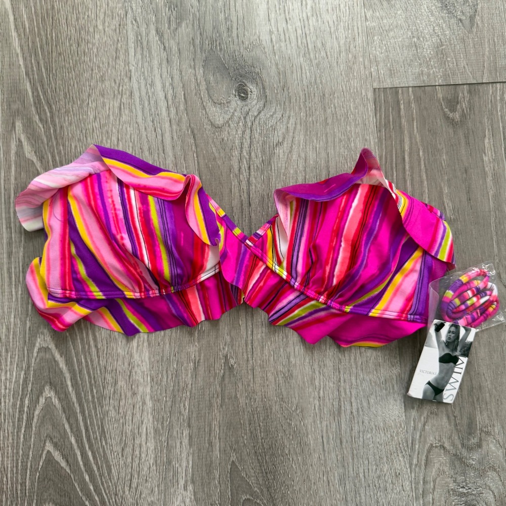 Victorias Secret Swim Bandeau Bikini Top Ruffle Pink Purple Stripe Medium NWT